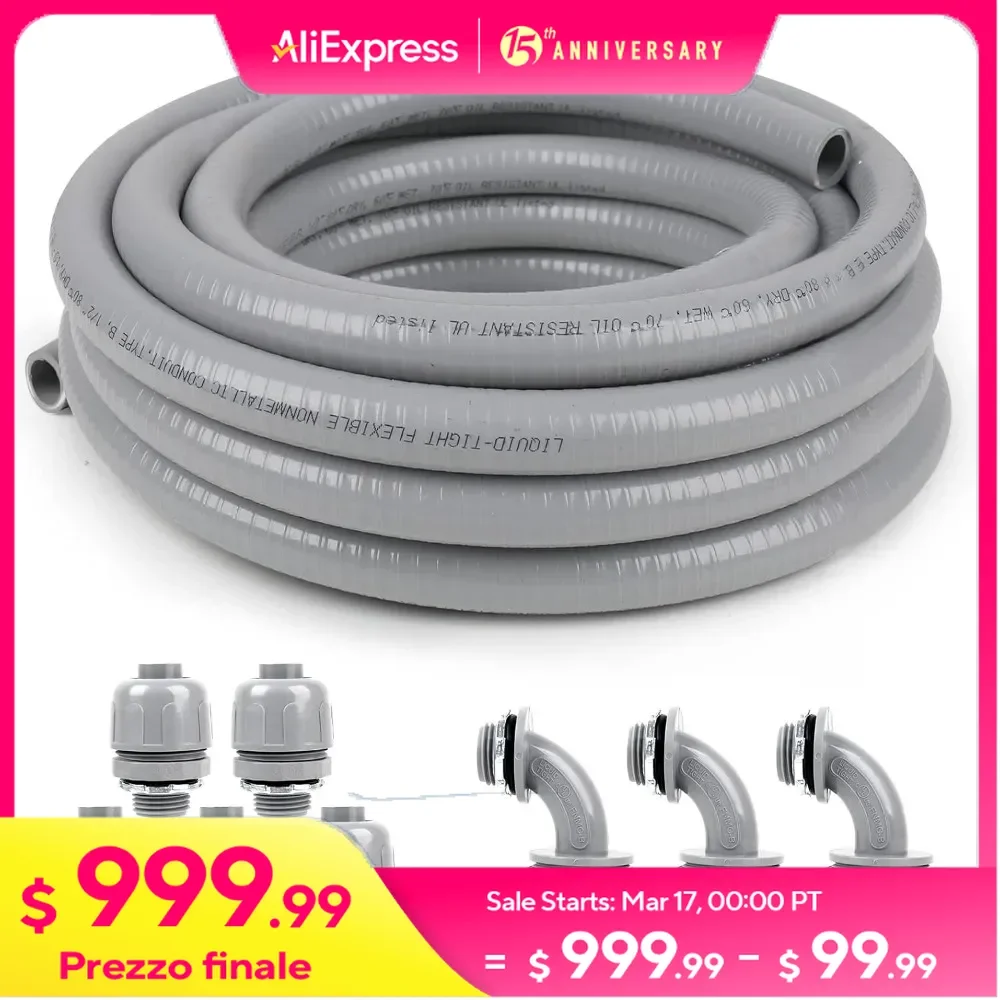 1-1/4 Inch 50ft Liquid-Tight Conduit and Connector Kit with 5 Straight and 3 90-Degree Conduit Connector Fittings