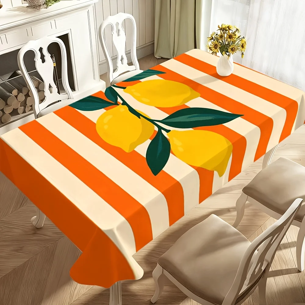One rectangular tablecloth, one high-end multi-functional spring orange and white striped lemon leaf pattern tablecloth.