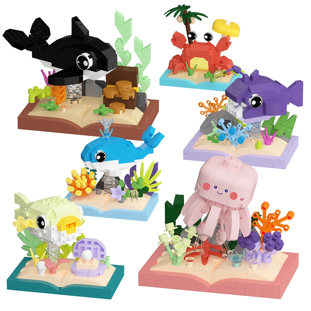 HUIQIBAO MOC Ocean Series Micro Bouwsteen Orcas Lantaarn vis Blauwe Walvissen Mini Baksteen set Speelgoed voor Kinderen Bureau Decoratie