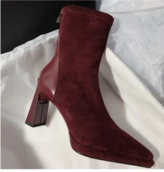 Stivaletti da donna con tacco alto quadrato Scarpe con cerniere alla moda Stile retrò Autunno Inverno Scarpe a punta da donna per feste da ballo