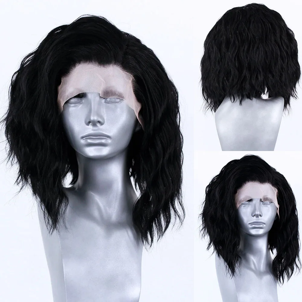 

13X4 Натуральный Черный Синтетический Парик Фронта Шнурка Короткие Волнистые Черные Волосы Косплей Парики Шнурка для Женщин Термостойкое Волокно Бесклеевой Парик