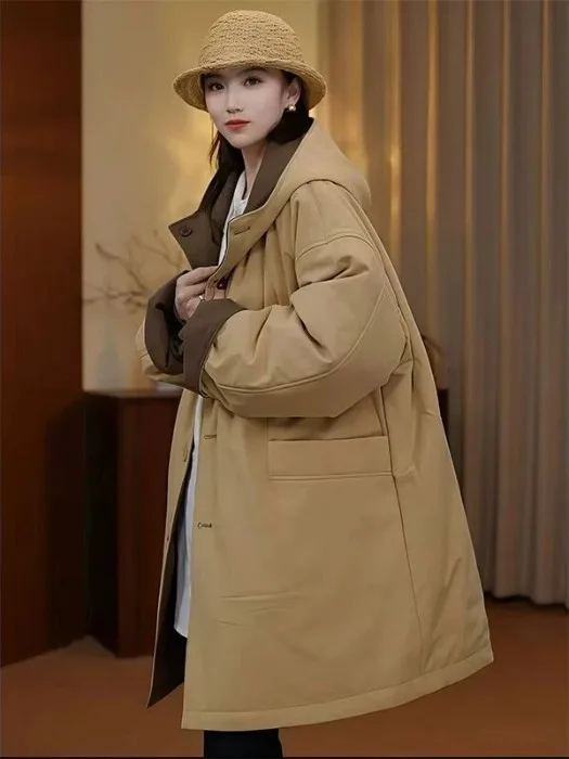 

Women's Faionable Thiened Winter Coat Double-Sided Wear Hooded Loose Cotton Jaet Warm Sli Commute Korean Sle
