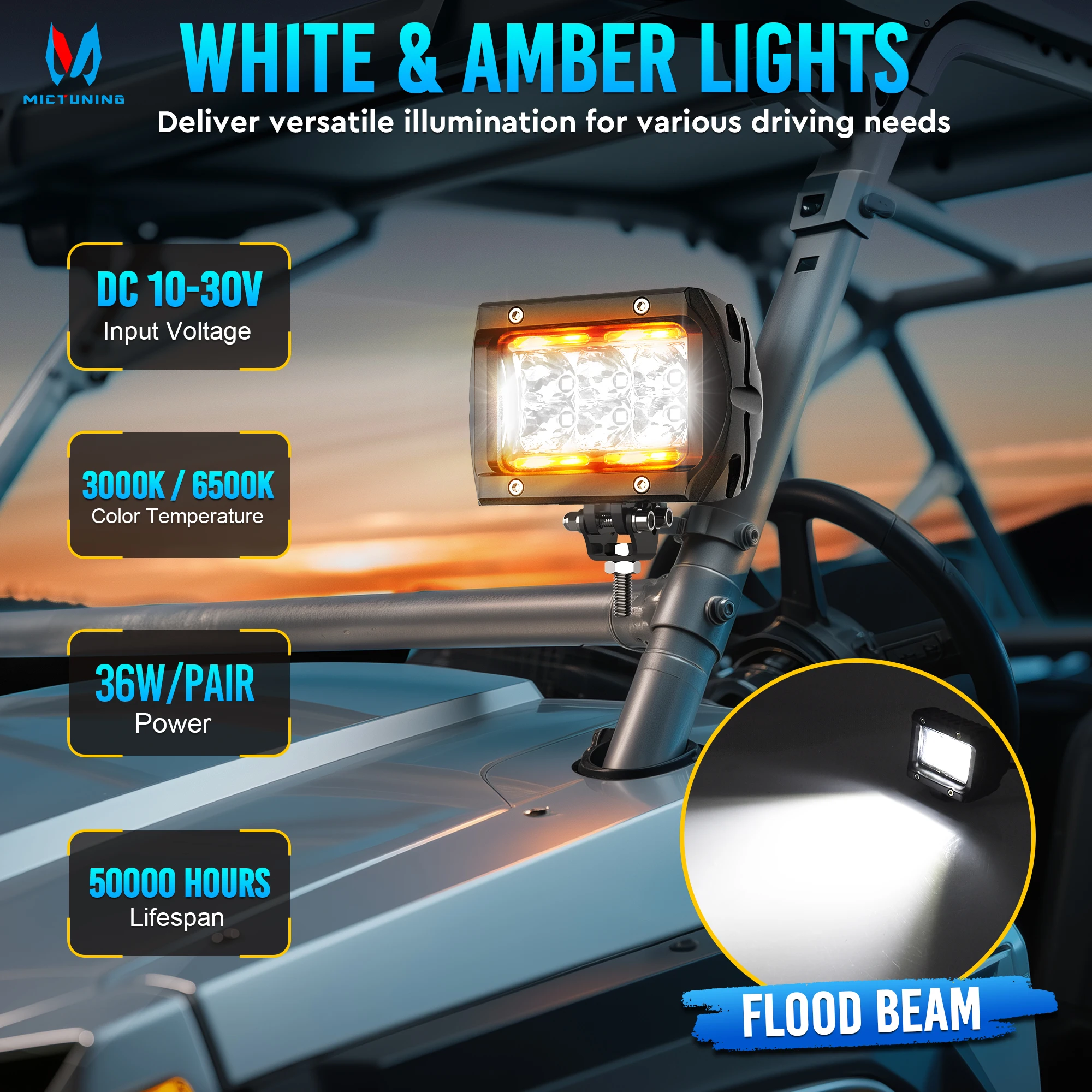 

MICTUNING LED Work Light Flood Off Road Lights Waterproof Car Driving Fog Lamp With Wire Harness For Trucks Motorcycle ATV