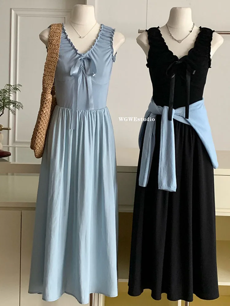 French Elegance Stringy Selvedge Bow Camisole Dress Women Backless V-Neck Solid Pleated One-Piece Frocks Summer 2024 New Design