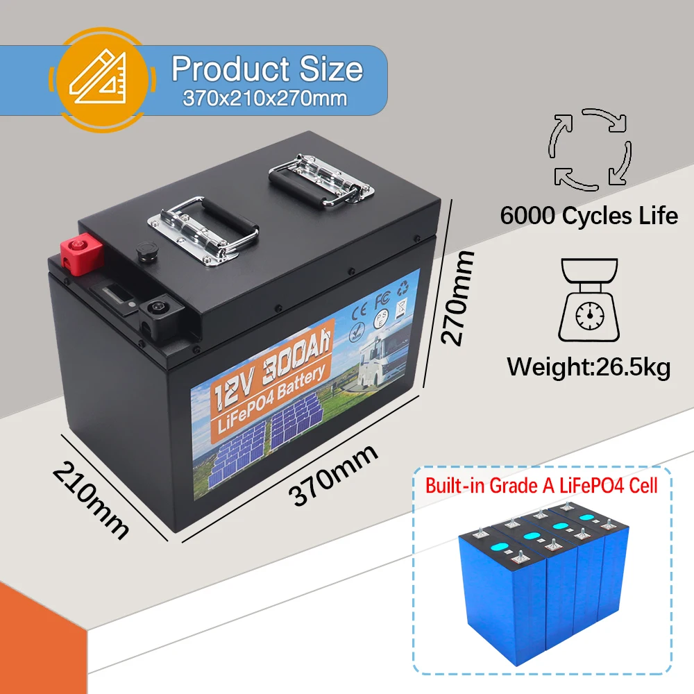 12V 300AH 200AH 120AH LiFePo4 Battery Built-in BMS Lithium Iron Phosphate Cells Pack 6000+ Cycles For RV Campers Golf Cart Solar