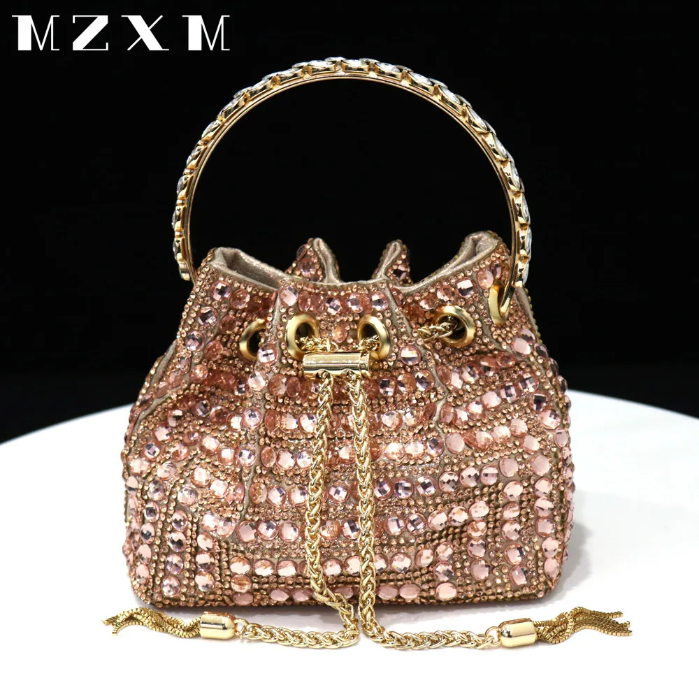 New Rhinestones Women Evening Bags Bucket Design Party Day Clutch Soft Mixed Color Shoulder Chain Handbags Purse