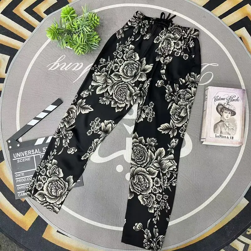 

Faionable Summer Thin Men's Casual Pants Straight Leg Harlan Sle Peony Print Comfortable Lightweight Daily Wear