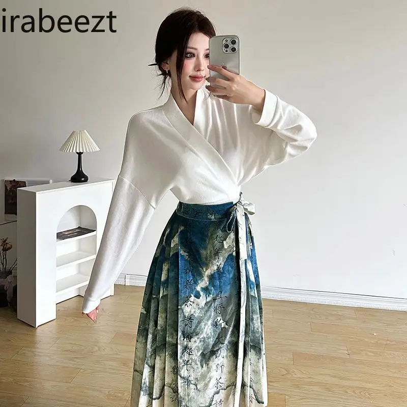 New Improved Version of Tie Dye Printed Vintage Skirt Cross V-neck Lace-up Shirt Set Women Chinese Style Clothes Women