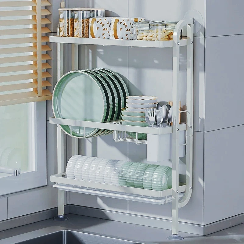 

Non perforated kitchen storage rack bowl and dish organizer narrow seam countertop storage wall mounted drain rack