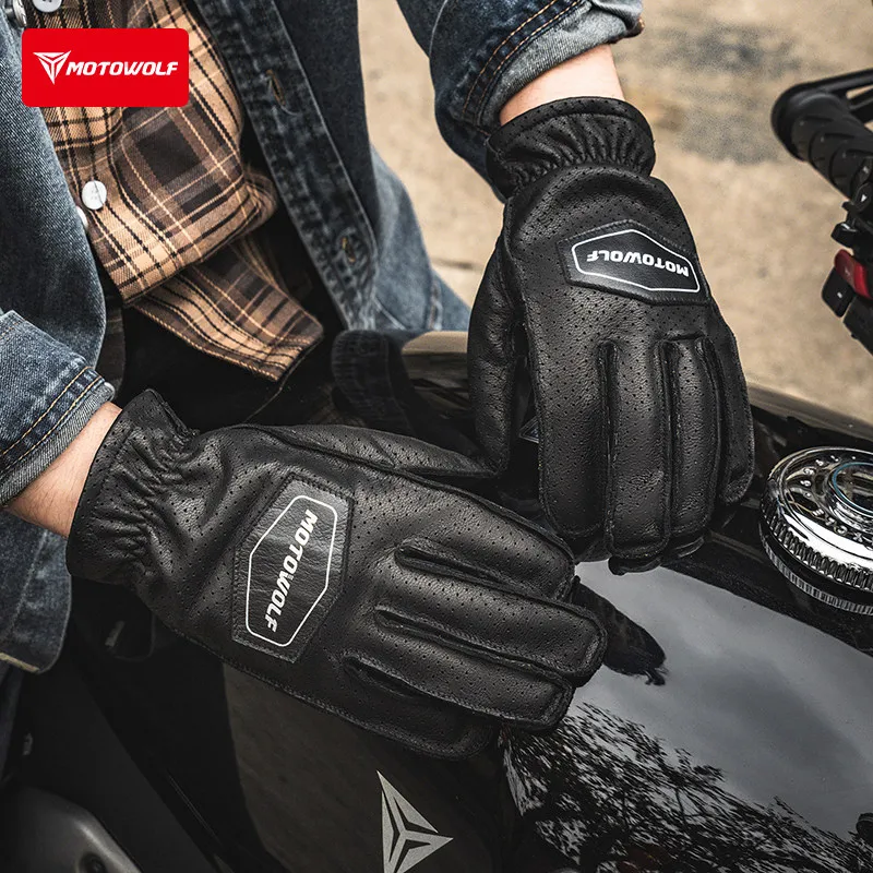 Retro Genuine Leather Motorcycle Gloves Full‑Finger Touch Screen Anti‑Shock Moto Gloves For Men 4‑Season Motorbike Commute