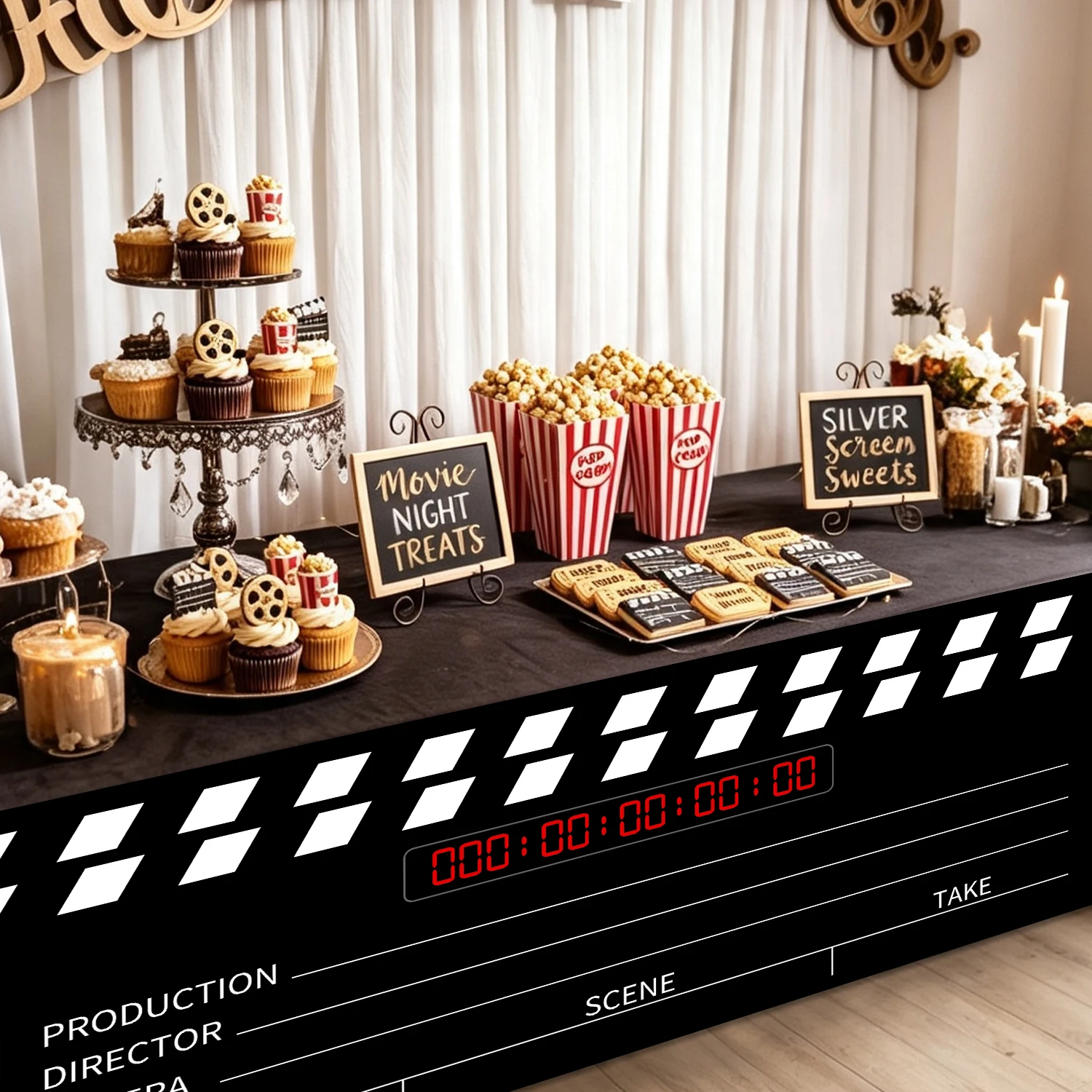 Movie Night Clapperboard Table Skirt Black Film Clap Table Cover Hollywood Cinema Party Decor Supplies