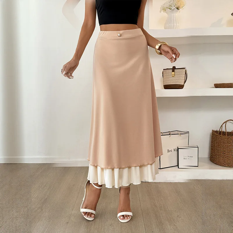 Feminino nova cor sólida botão decoração em camadas fresco doce casual férias rugas resistente se encaixa todos os tipos de corpo a linha saia midi