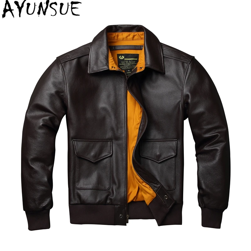 

AYUNSUE Genuine Leather Bomber Jacket Autumn Mens Clothing Loose Fit Style Cowhide Motorcycle Jackets Veste Cuire Homme 2024