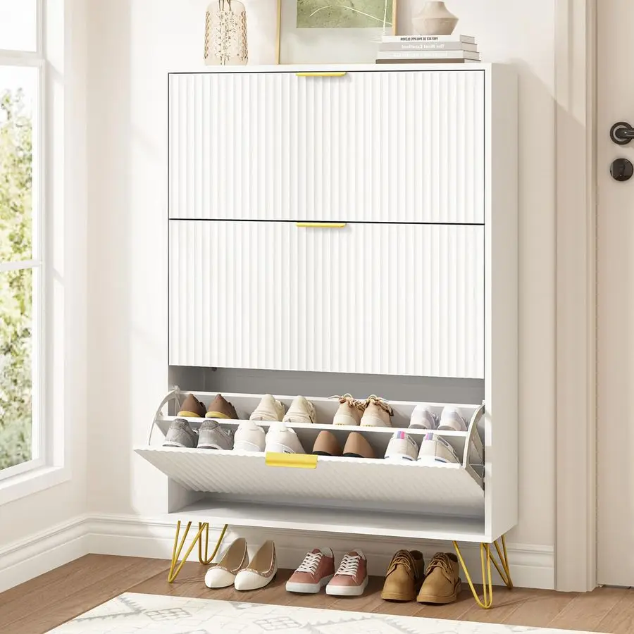 

Slim Shoe Cabinet with 3 Flip Drawers, Fluted Shoe Cabinet Storage for Entryway, Narrow Shoe Storage Cabinet, Modern Freestandi