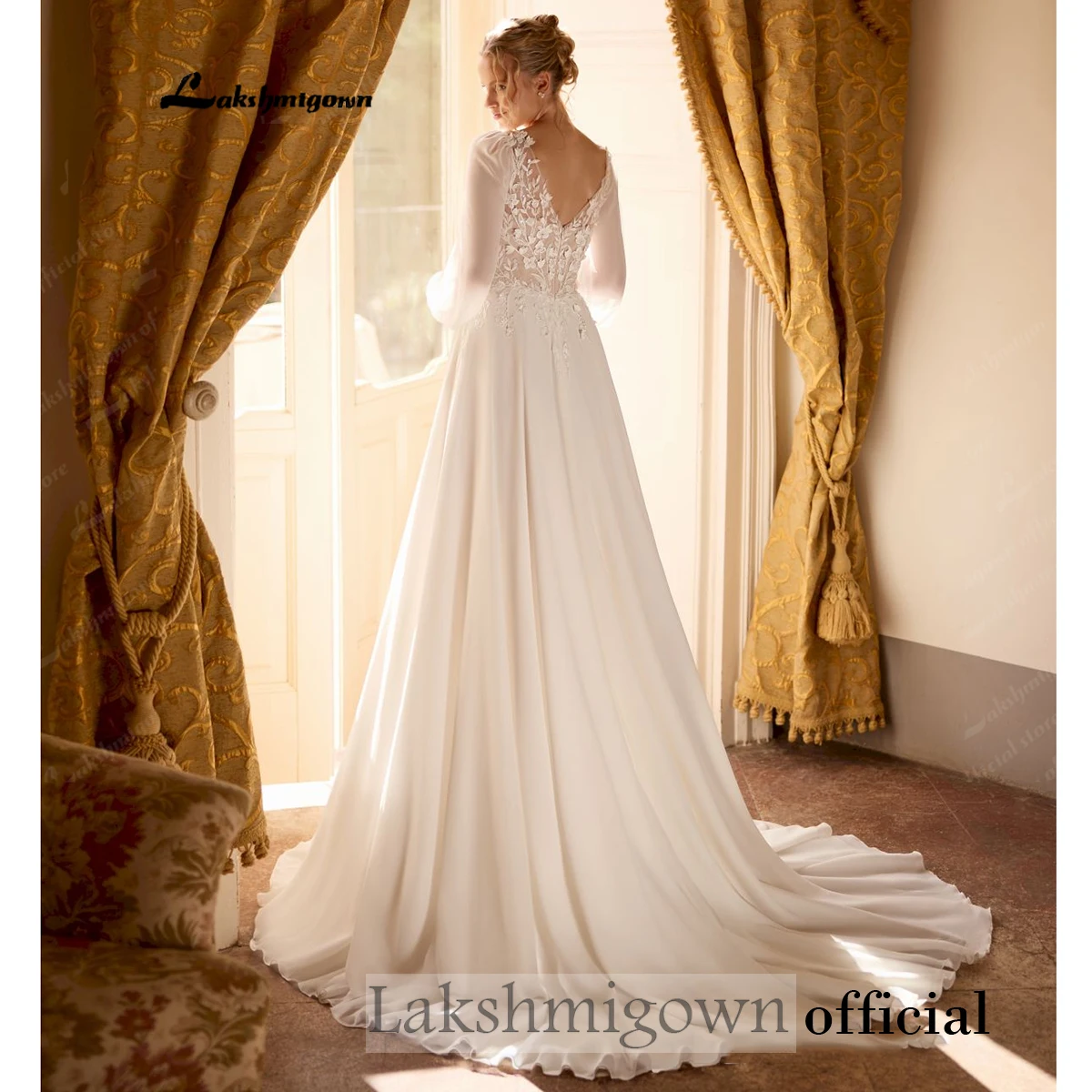Lakshmigown Boho-Brautkleid mit langen Puffärmeln, Spitzenapplikationen, hohem Schlitz und Chiffon, Vestido De Novia, maßgeschneidert – Detail 6