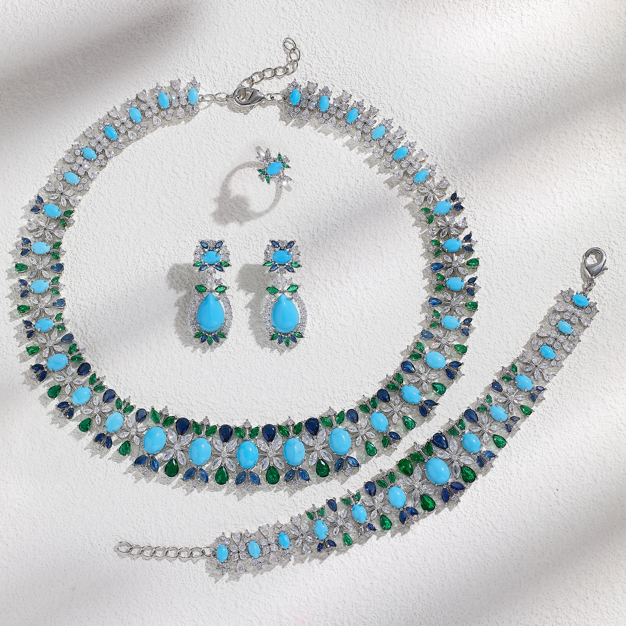 

2023 New Fashion 4-Piece Turquoise Dubai Women's Wedding Jewelry Set Nigeria Africa Necklace Earring Set