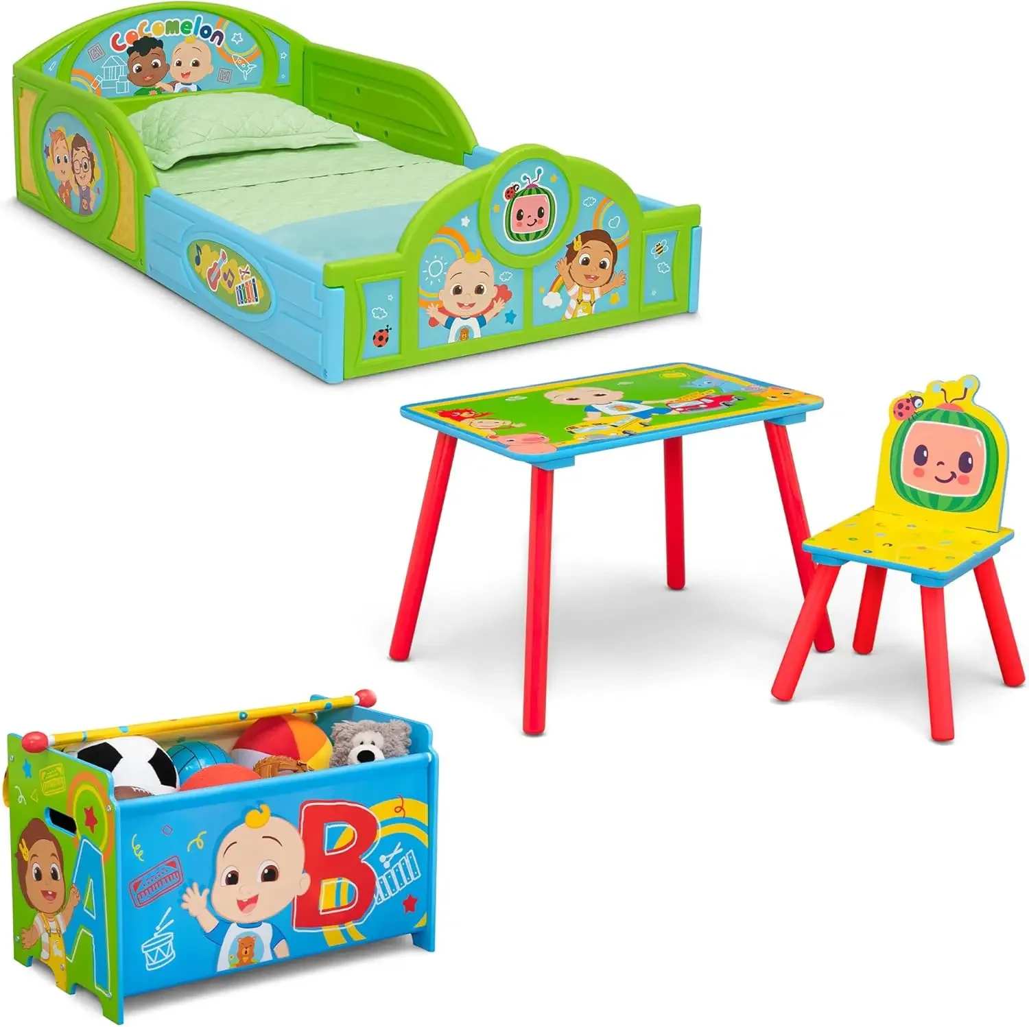 CoComelon 4-Piece Toddler Room-in-a-Box Set – Includes Sleep and Play Toddler Bed, Table, 1 Chair and Toy Box, Green