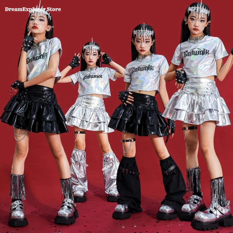 

Серебряный укороченный топ в стиле хип-хоп для девочек, блестящие многоярусные юбки, детская уличная одежда K-pop, готическая юбка, детский комплект одежды для джазовых танцев для девочек
