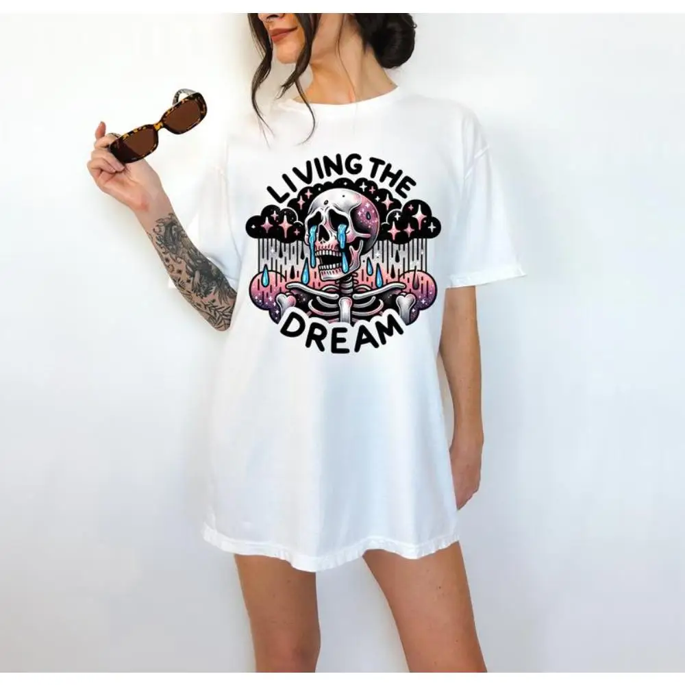 

Living the Dream - T-Shirt, Skeleton Rainbow, Bright Graphic, Funny Apparel, Gift Idea, Relaxed Fit, Casual Apparel, Cute Top