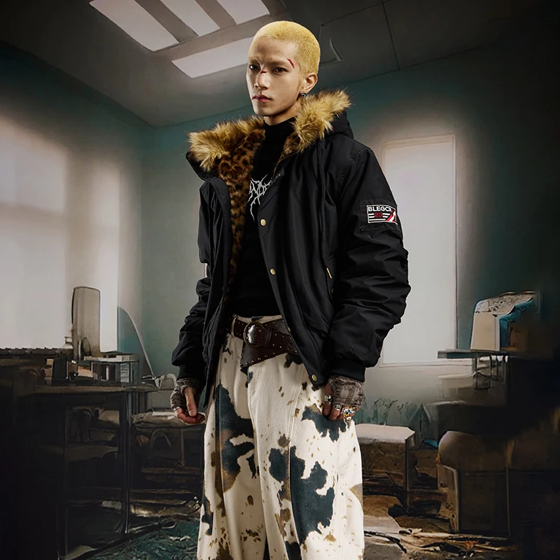 LUZHEN 2025 Winter New Thickened Warm Leopard Print Fleece Liner Hooded Fur Parka Coat Men Trendy Street Handsome Jacket JY4932