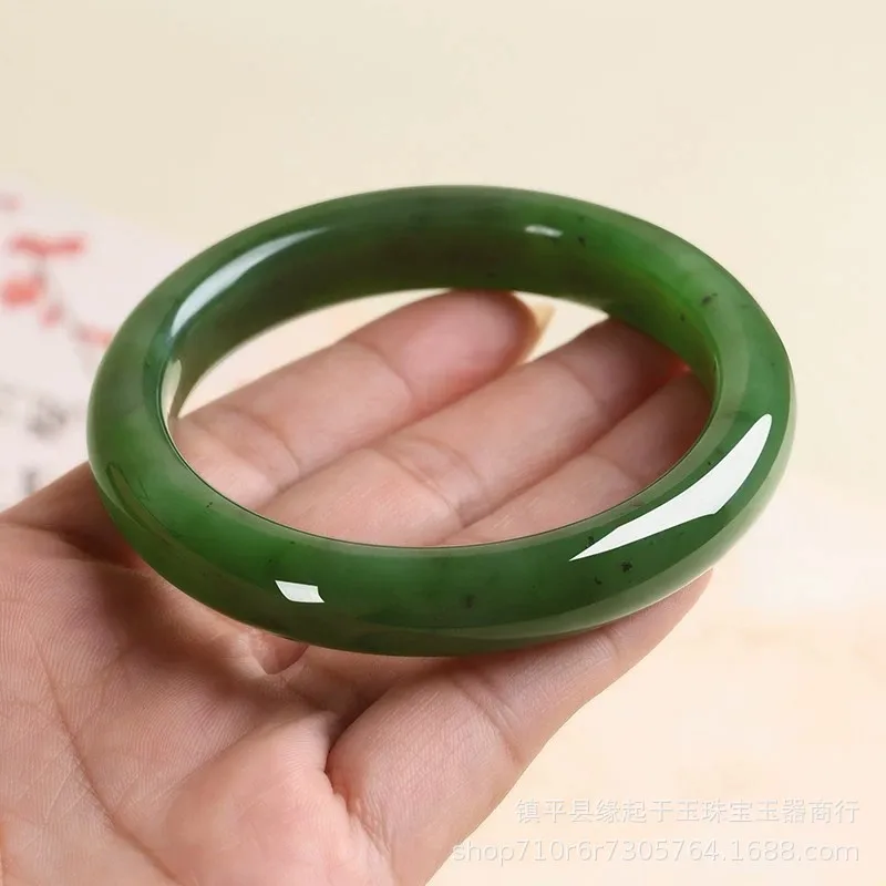 Hotan Jade , Jadeite Peace Bracelet, Women'S Wide Band, Spinach , Beauty Mark, Lake Green