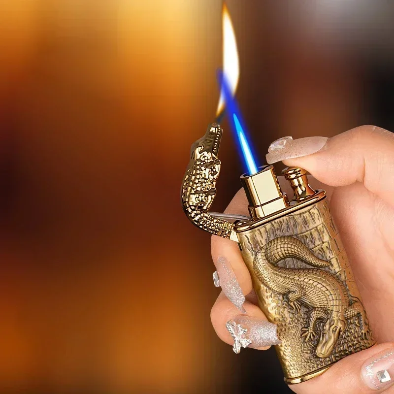 Metal Crocodile Double Flame Lighter Windproof Gas Lighter Creative Gadgets Unusual Open Flame Lighter Men's Gift