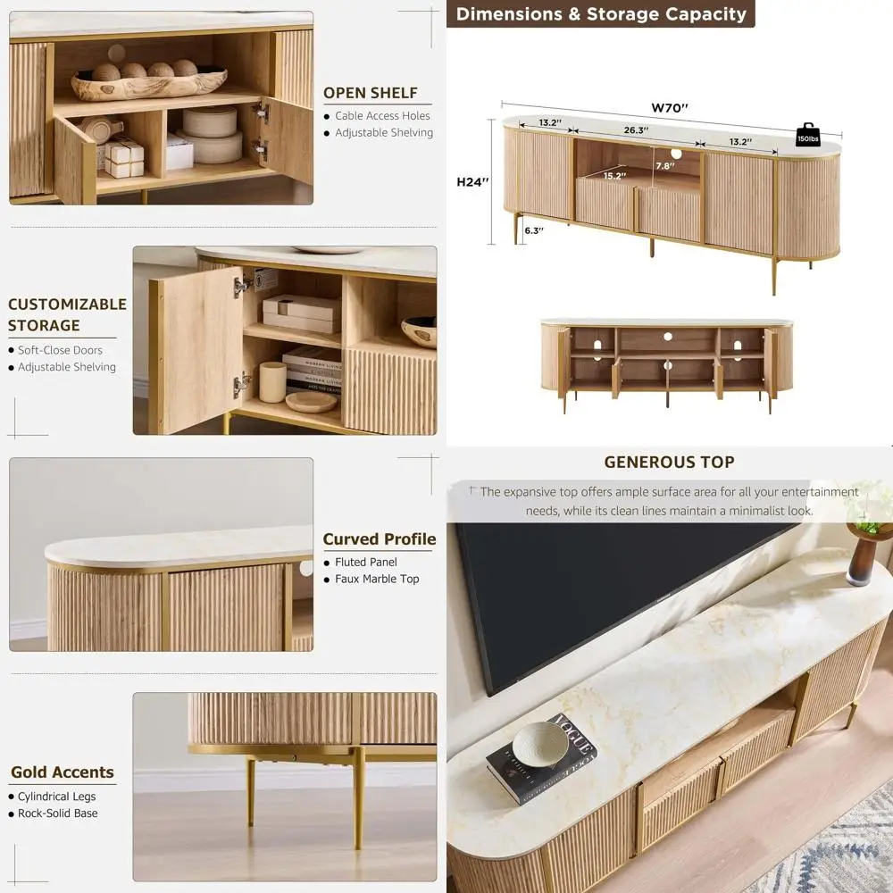 

Элегантная тумба под телевизор с мраморной столешницей, 70 см, стильный медиацентр для телевизоров до 80 дюймов, изогнутый дизайн, идеально подходит для гостиной, натуральный дуб