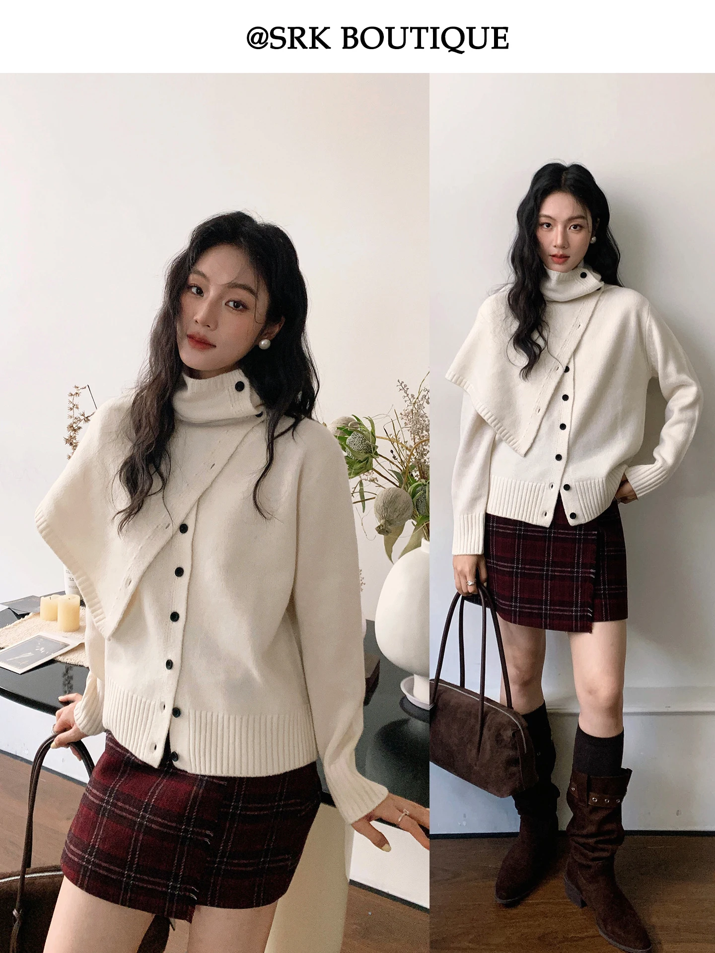 

Шерстяной комплект SRK с уникальным дизайном, свободный крой, свитер в стиле Cry Color Gentle Sle, с воротником-стойкой, французский стиль, длинный рукав