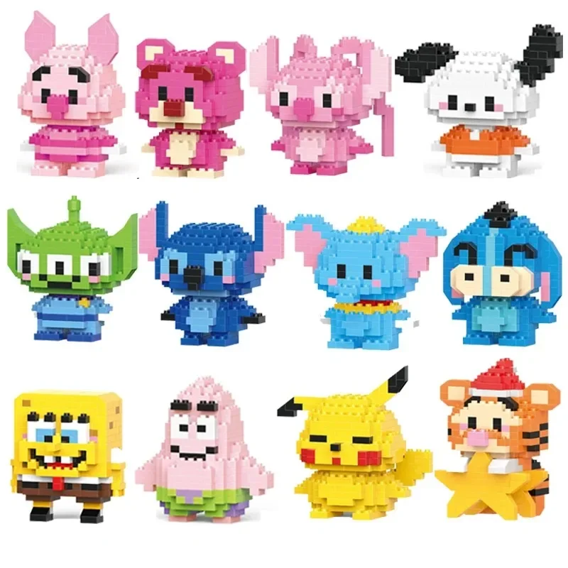 Disney-Stitch Building Blocks, Figuras Mario Bros, Pikachu Montado Tijolos, Figuras do Anime dos desenhos animados, Presente do brinquedo, 24pcs