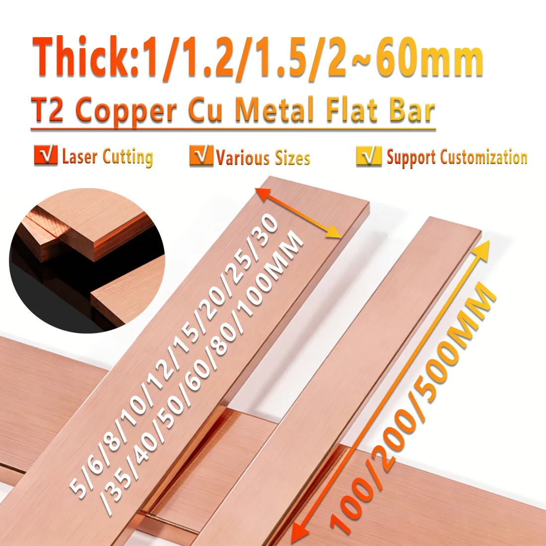 

Pure Copper T2 Copper Metal Flat Strip. Thickness: 0.5~60mm. Length: 100/200/500mm.