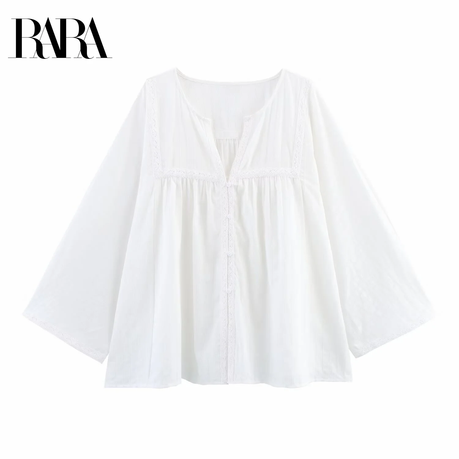 

RARA Women's Summer New Embroidered Trim Decorated Casual Elegant V Neck Nine Sleeve Sheer Shirt Top
