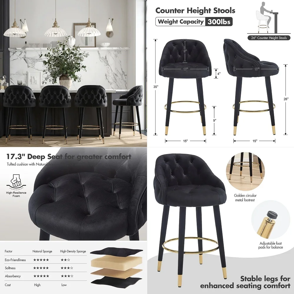 

Bar Stools Set of 4, 24 Counter Height Barstools with Rubber Wood Frame, Faux Leather Cushions, Footrest, Mid Century Modern Ki