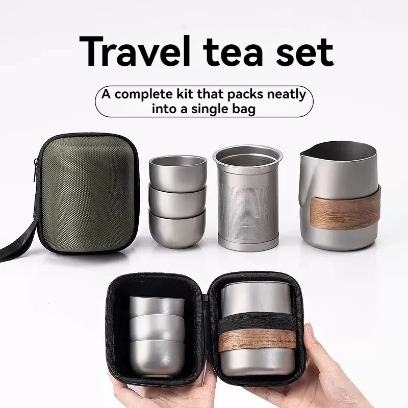 Titanium-plated Stainless Steel Portable Travel Tea Set Including Teapot and Double-Walled Tea Cups Lightweight  for Outdoor Use