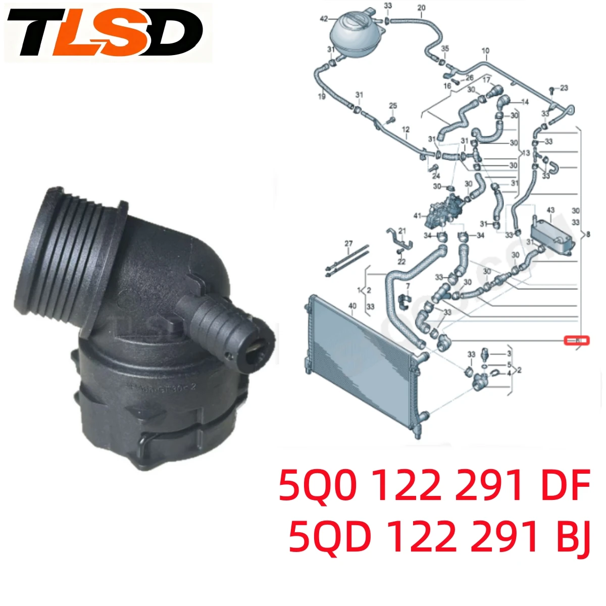 Engine Upper Radiator Adapter Connector 5Q0122291Df.5Qd122291Bj Suitable for Bora 2018-2027 Touran 2016-2027 Skoda Octavia 2014-2023 Lavida 2018-2027