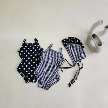 Baby Girls' Floral Swimsuit Set with Matching Hat 4 2024 New Baby Kid's One-piece Swimwear With Hat Toddler Girl's Dot Floral Suspenders Swimming Suit Summer Beach Wear 4