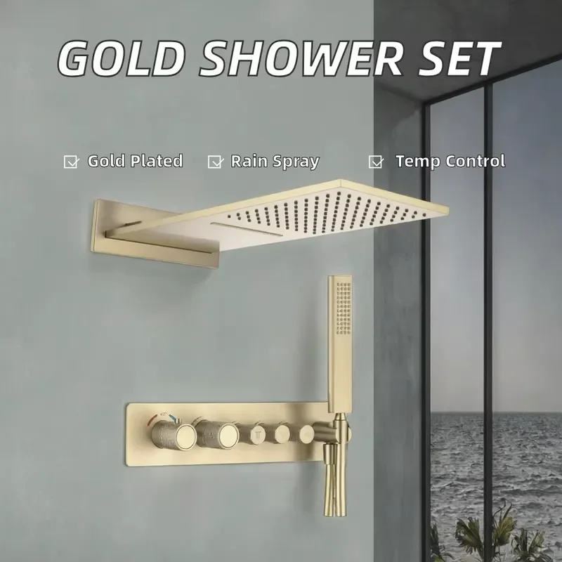 High Quality Brass Concealed Thermostatic Shower Faucet Brushed Gold with Soft Rainfall Waterfall Massage Spray Installation