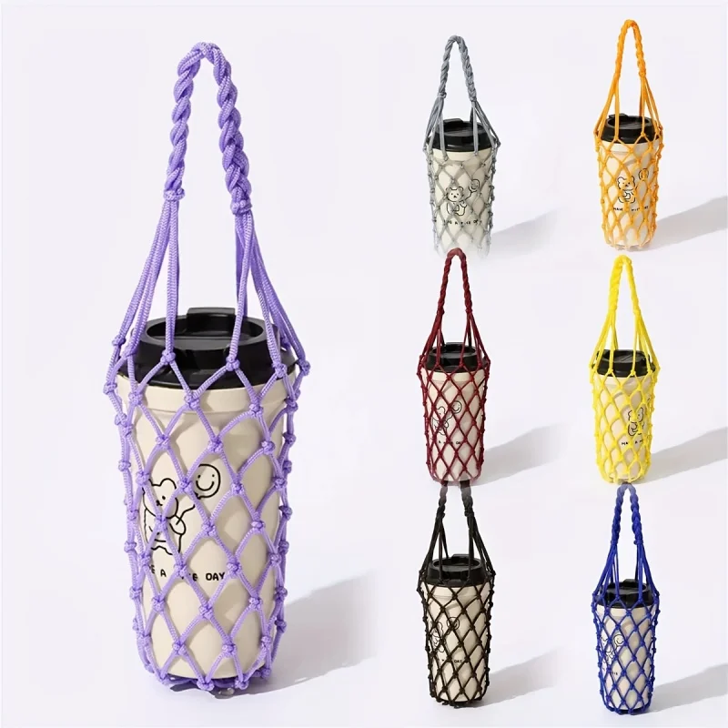 1 pièce Sac de transport portable en crochet ajouré pliable pour tasses, mugs et bouteilles d'eau