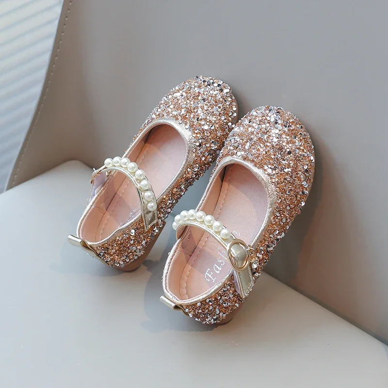 Girls Sandals Gold Sequins Pearls Princess Shoes Dance Kids Shoes Pink Non-Slip Lightweight Silver Kids Crystal Shoes Sandals