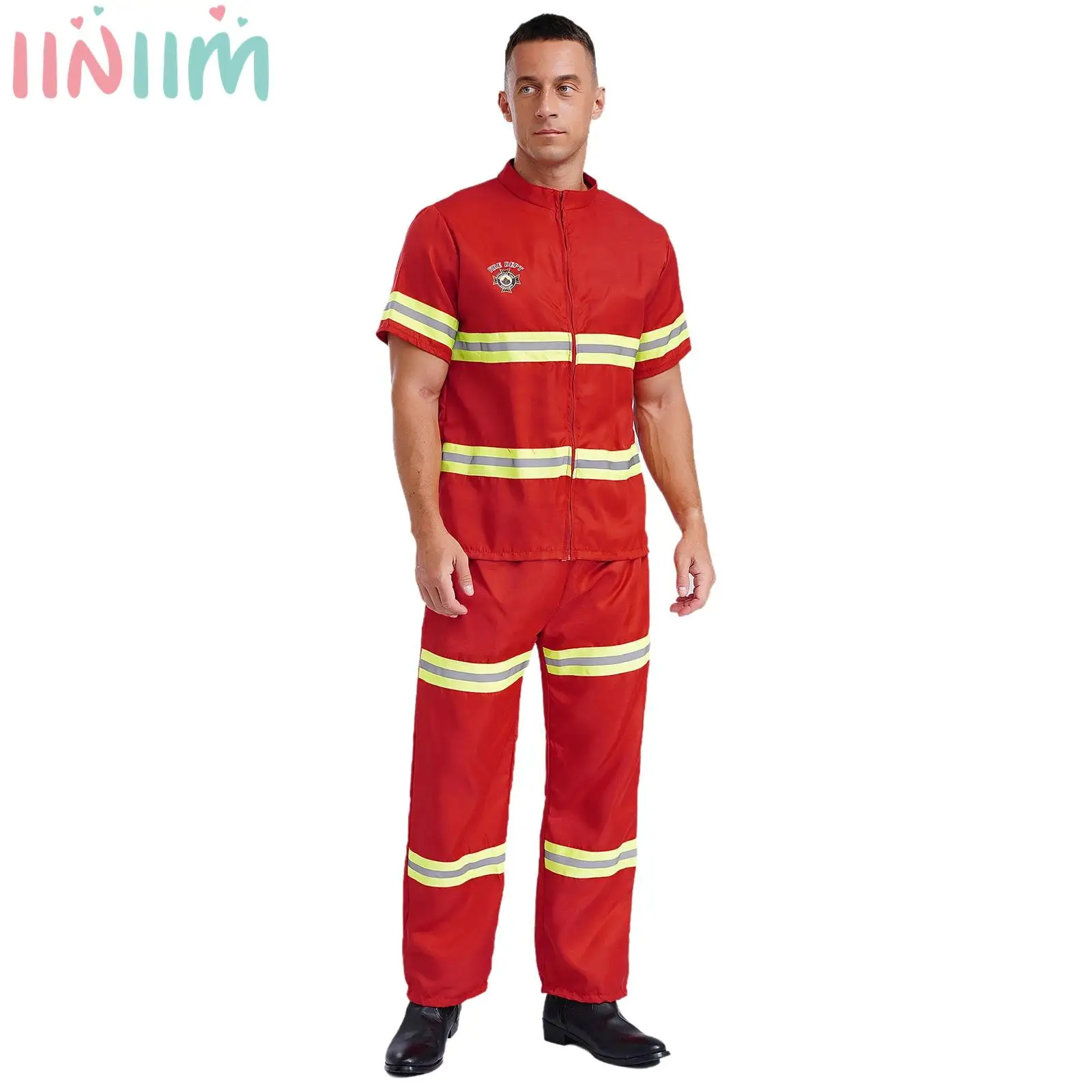 Mens 4-piece Firefighter Costume Suit Short Sleeve Jacket Coat Pants Belt and Plastic Helmet Set for Halloween Cosplay Uniform