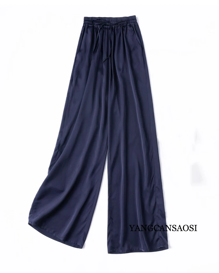 Vertical Naked Feeling 93% Natural Mulberry Silk Elastic Double Qiao Satin Elastic Waist Women's Fashionable Wide Leg Pants