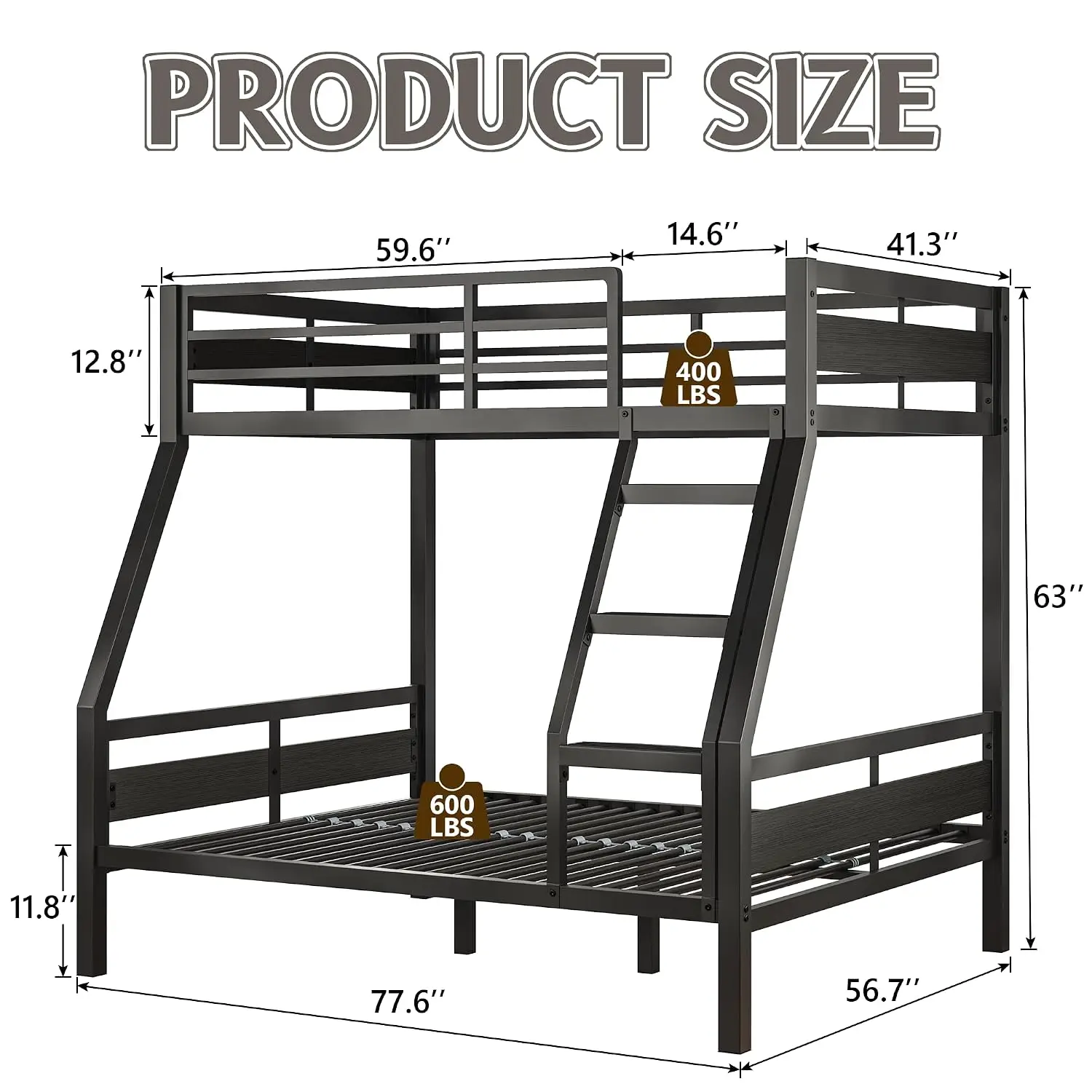 Metal Bunk Bed Twin Over Full with Ladder and High Guardrail, Heavy-Duty Metal Slats Support, Noise Free, No Box, Customized