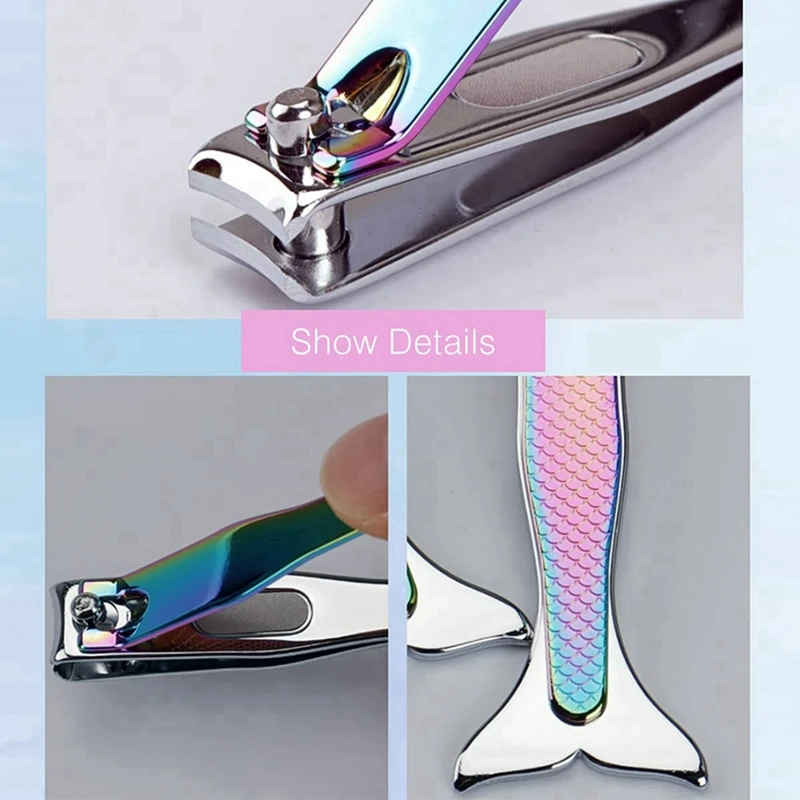 4Pcs Non-Slip Household Portable Iron Plating Color Peptide Color Mermaid Nail Clippers(Large + Small)