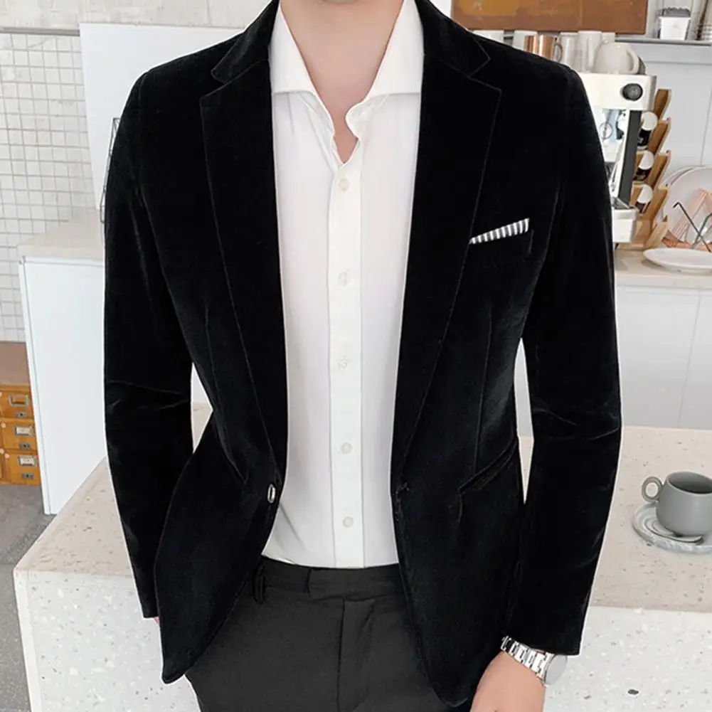 Male  Formal Velvet One Button Blazer Spring Suit Jacket Long Sleeve   for Party