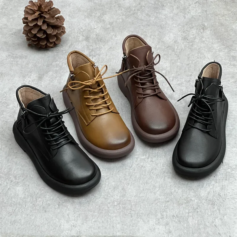 Women's ankle boots cowhide retro soft winter women's shoes flat leather brown old casual health Ankle boots Riding boots