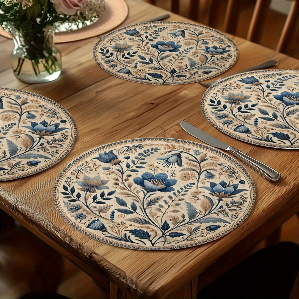 VIKAMA 4PCS French Blue And White Floral Round Placemats Dining Room And Kitchen Decor Festive Dining And Home Accents