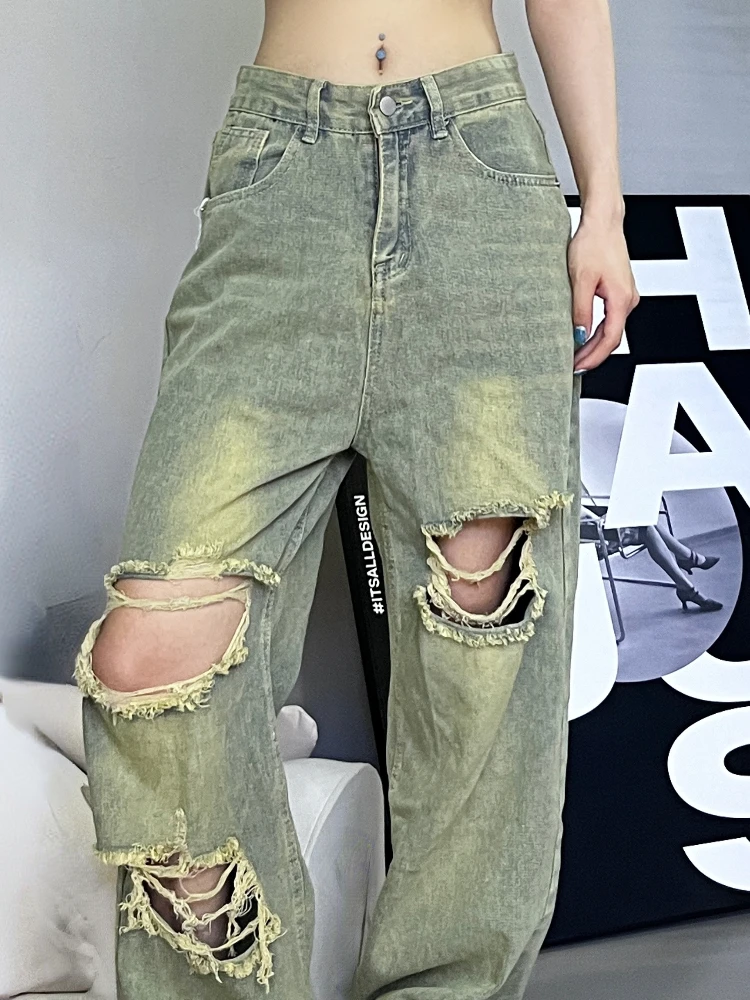 

Ladies Casual Vintage High Waisted Ripped Slouchy Baggy Jeans Women Clothing Girls Fashion Denim Wide Leg Pants Female Clothes