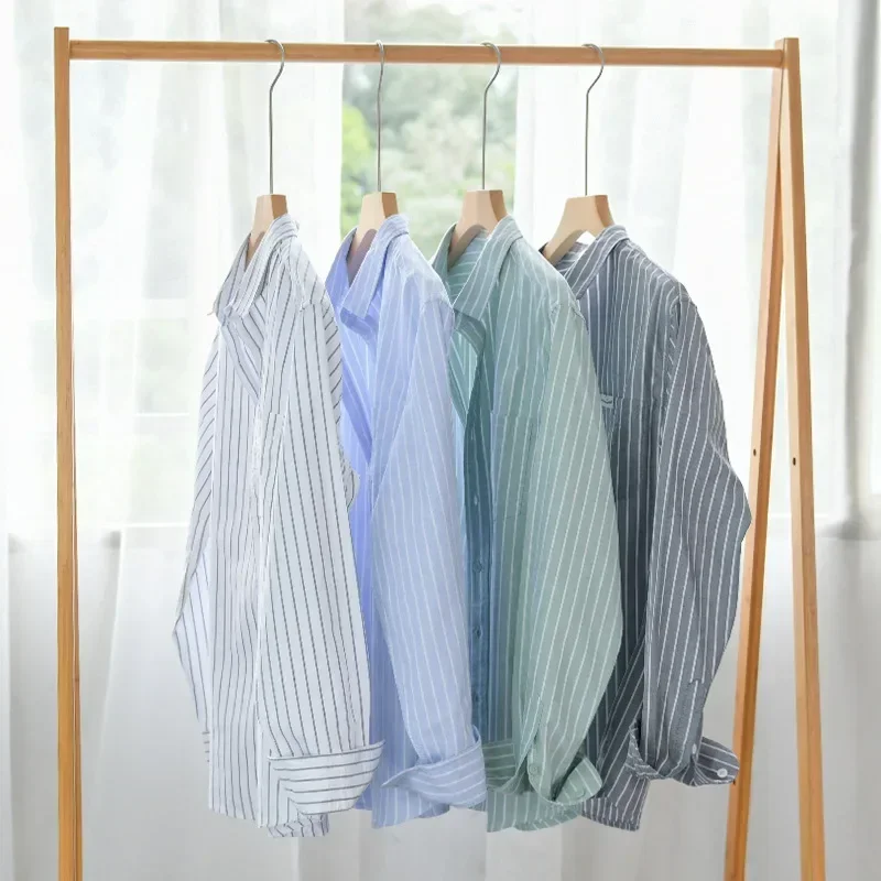 

Свежая полосатая рубашка с длинным рукавом, мужская весенне-осенняя повседневная мужская рубашка, топ из чистого хлопка с карманом, мужская одежда в корейском стиле