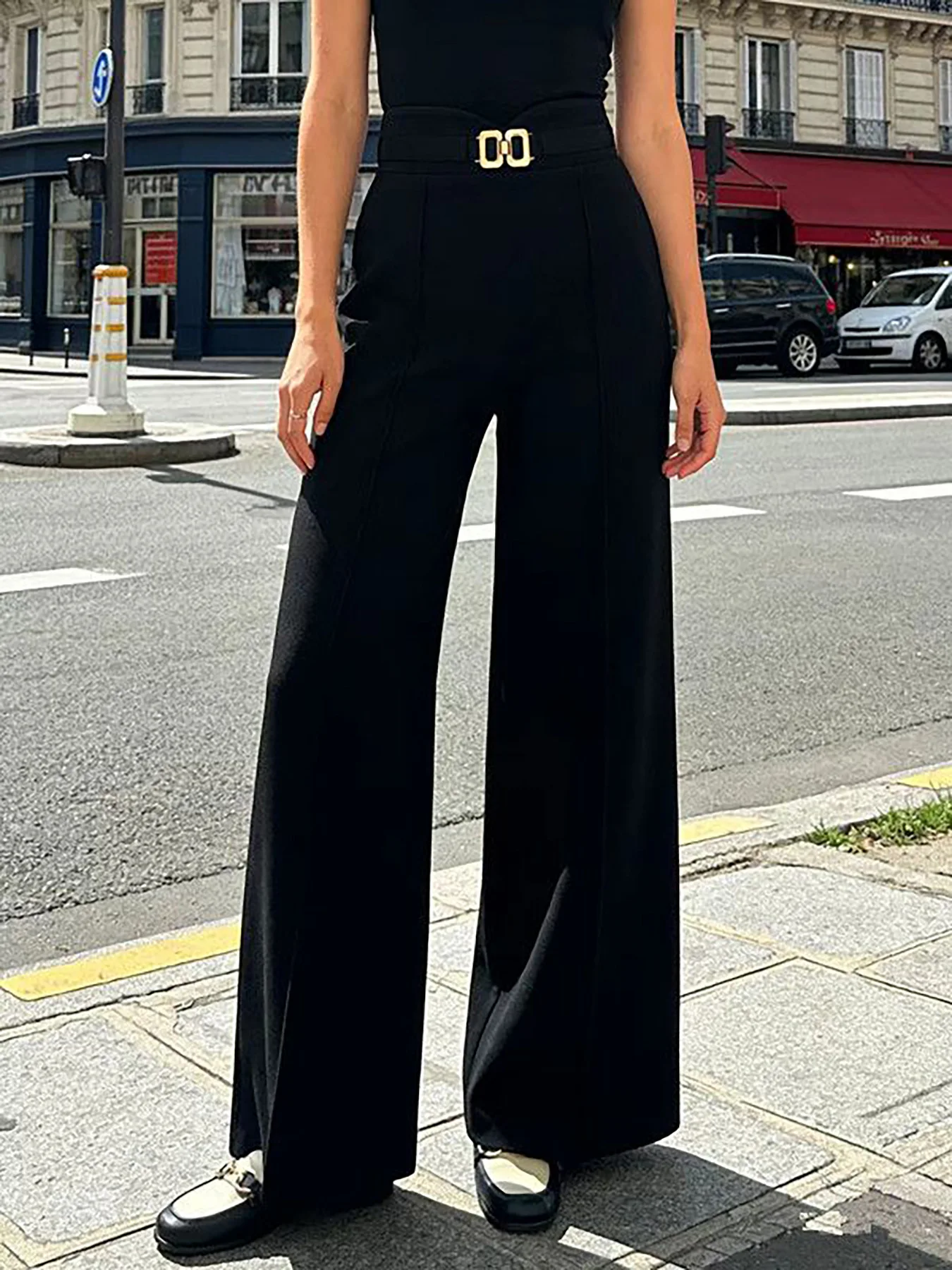 

Новые женские брюки с высокой талией и широкими штанинами на весну/лето, модные простые брюки-костюм с металлической пряжкой, подходят для