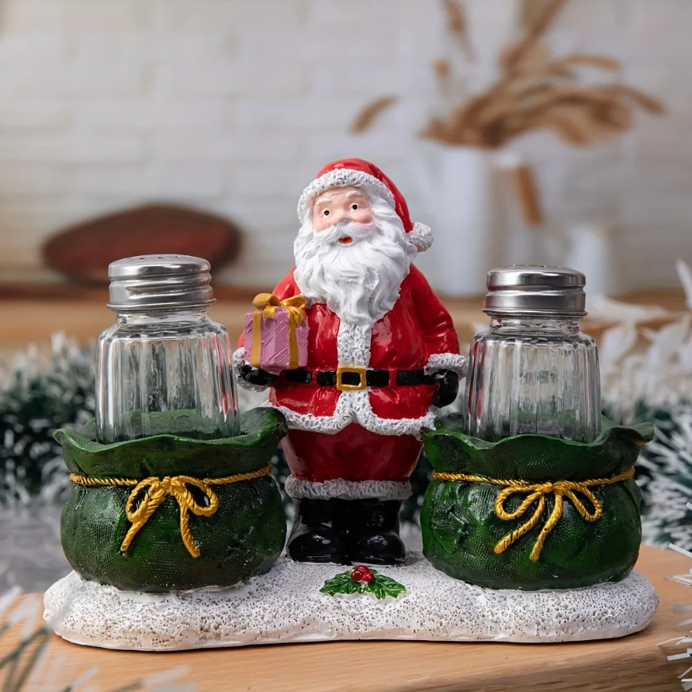Christmas Salt and Pepper Shakers Set Santa Claus Resin Figurine with Glass Jars Xmas Table Decor Holiday Kitchen Ornament