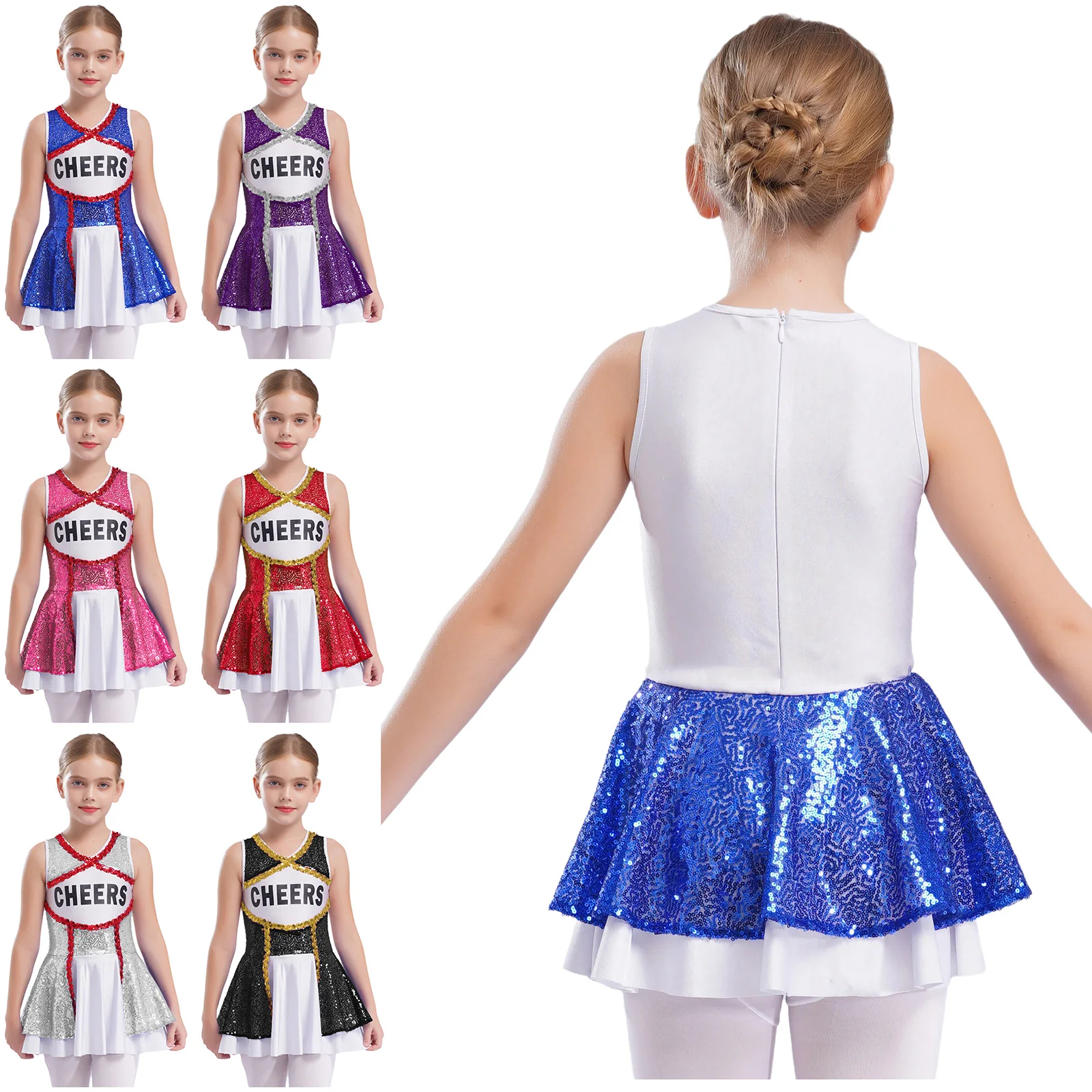 

Kids Girls Cheerleading Uniform Sleeveless Color Block Sparkling Sequins Dress Halloween High School Stage Performance Costume